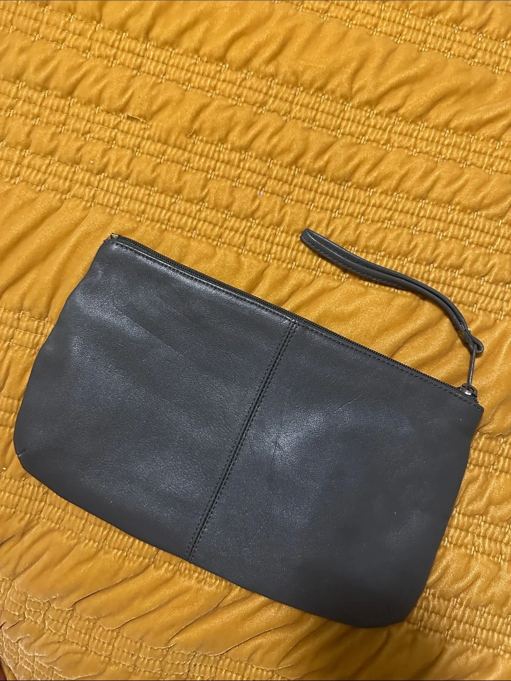 Sleek Gray Leather Wristlet Clutch with Strap